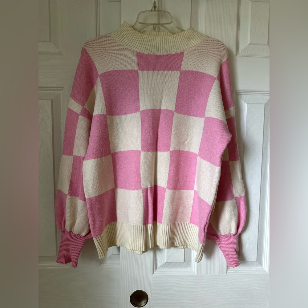 Checkerboard Pink and Cream Knit Sweater